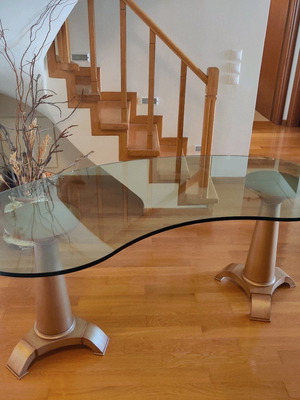Oval table used, handmade construction, solid wood base