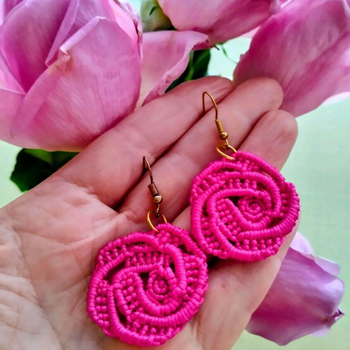 Handmade Boho Rose Micro Macrame Earrings made to order pink gold