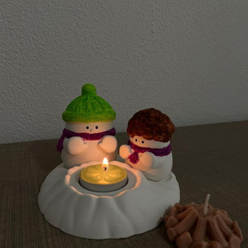 Handmade ceramic ornament with tealight and snowmen new