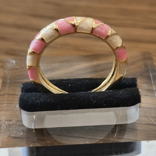 Women's adjustable gold-tone ring with pink and white enamel, new