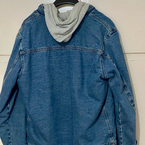 Pull & Bear men's denim jacket with hood like new, gray and blue