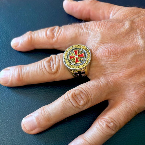 Maltese Cross Templar ring stainless steel with red enamel, US 11