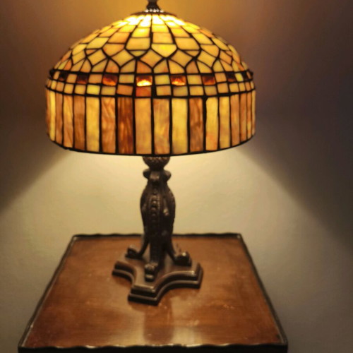 Vintage Tiffany-style table lamp with stained glass shade