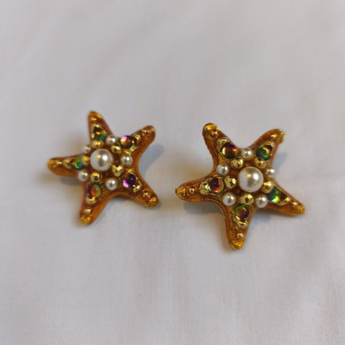 Earrings with clip and multicolored stones like new, gold tone