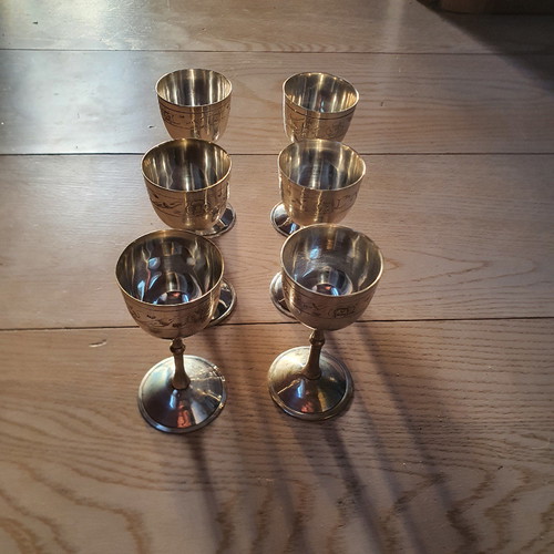 Silver-plated liqueur glasses used, set of 6, 1970s with nice pattern