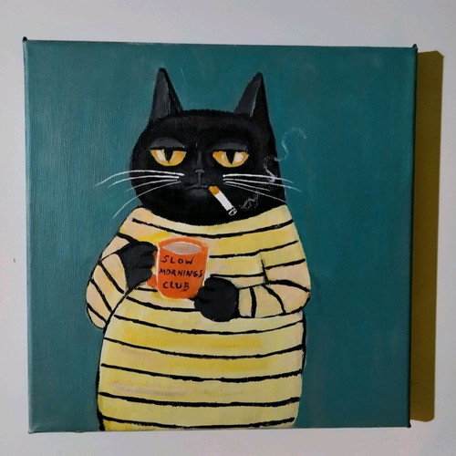 Cat motif canvas painting new with acrylics 20×20 cm