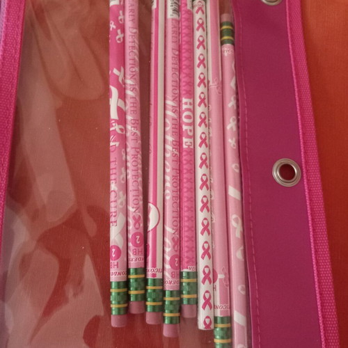 Transparent pink pencil case with used breast cancer awareness pencils