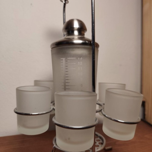 Vintage cocktail shaker set with frosted glass and metal stand like new