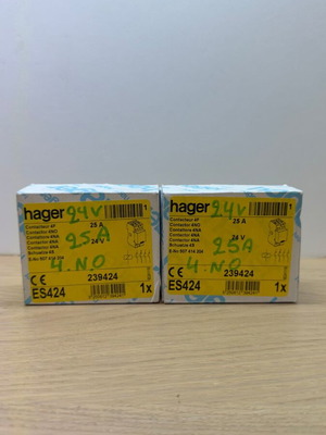 Hager ES424 Rail Contactor 25A 4NO Coil 24V AC 4 Poles, 2 Pieces