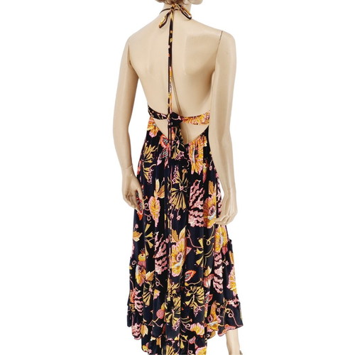 Long dress 100% viscose black with pink flowers new