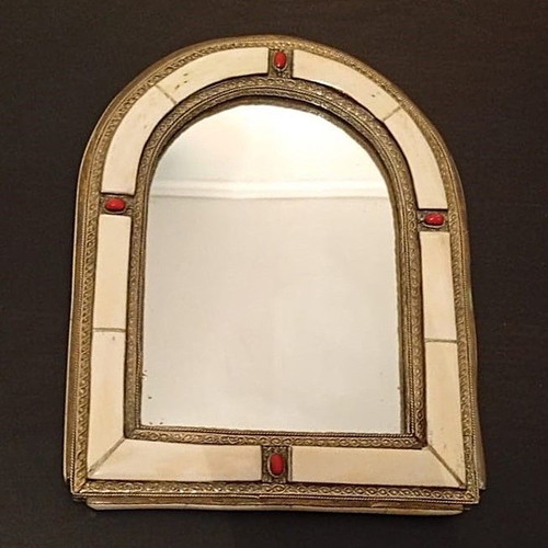 Vintage Moroccan mirror pair used, mid-century camel bone inlay