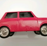 Mini Cooper miniature with clock used, red with white roof