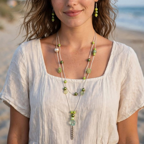 Green Multi Strand Beaded Necklace and Earrings New