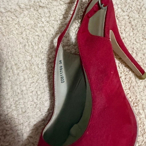 Red high-heeled shoes with strap used, size 39
