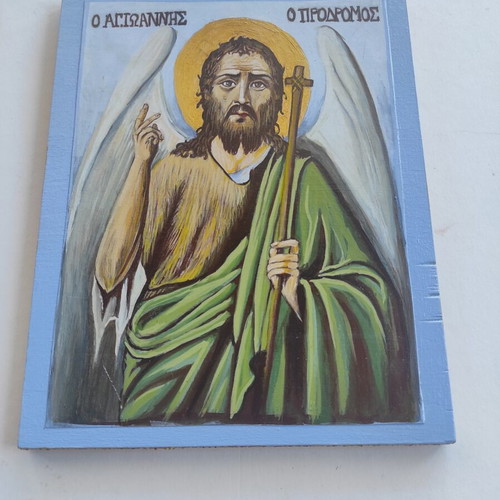 Handmade icon Saint John the Baptist egg tempera on plywood