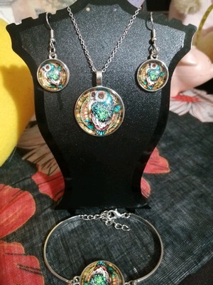 Σετ κολιέ, βραχιόλι και σκουλαρίκια αφόρετα με μοτίφ κουκουβάγια