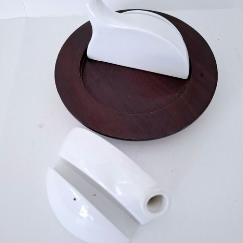 Porcelain condiment set for salt, pepper, oil, vinegar on wooden base like new