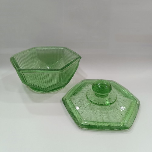 Vintage green pressed glass jewelry box with embossed lid and ridges
