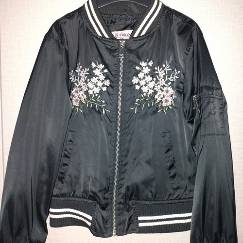 Bomber jacket for girls, satin fabric, black, size 122 cm