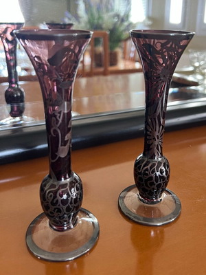 Pair of vintage Soliflores vases 15cm amethyst crystal with silver overlay like new