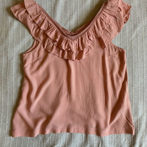 Blush pink frill neck viscose blouse top Vero Moda size S used