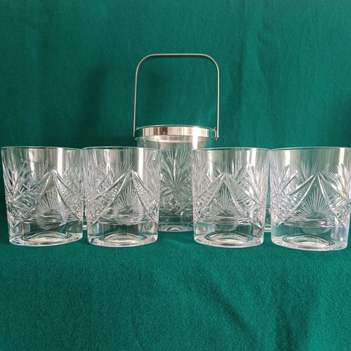 Vintage Bohemia crystal whiskey glasses set of 6 with ice bucket like new