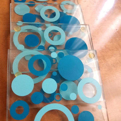 Glass coasters like new, set of 4 with blue details