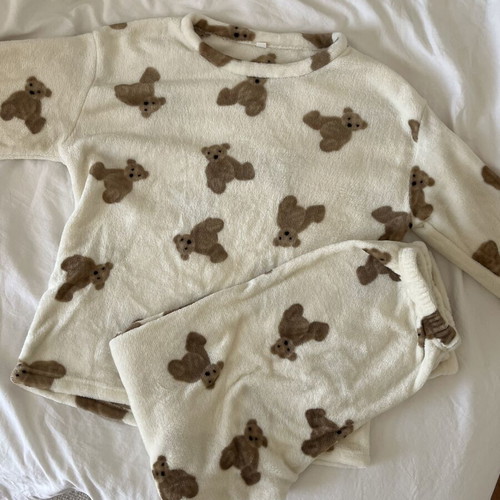 Teddy bear pajama loungewear set, size M, white and brown