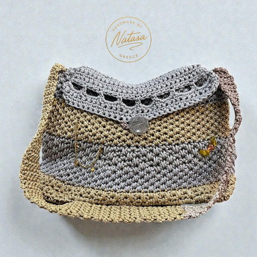 Handmade knitted shoulder bag in gray and beige, new