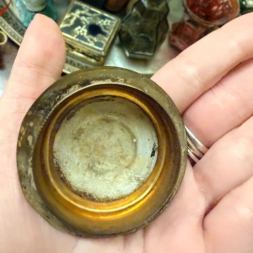 Vintage decorative box used, alabaster with bronze lid