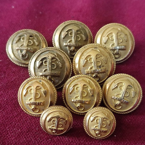 Bronze French navy buttons used, circa 1900, set of 10