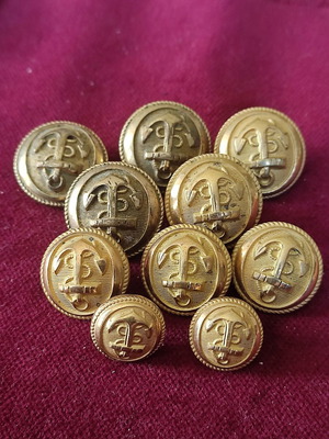 Μπρούτζινα κουμπιά του γαλλικού ναυτικού μεταχειρισμένα, πακέτο 10, 1900