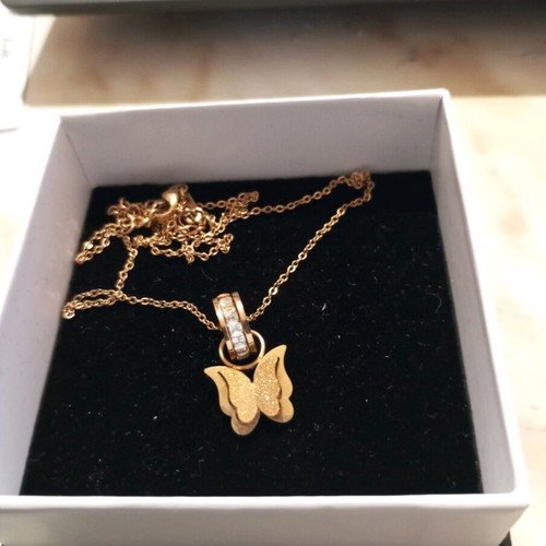 Steel necklace gold color with butterfly design and rhinestone ring
