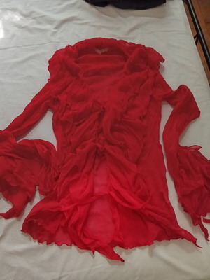Red elastic blouse with asymmetric sleeves and front tie, like new