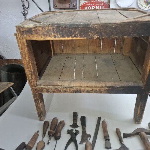 Old wooden cobbler bench with 30 tools used, rare museum set