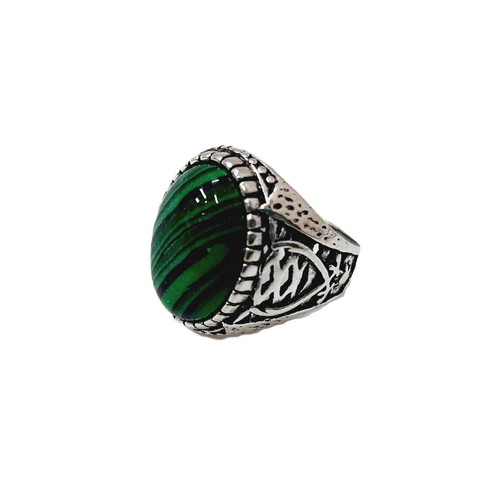 Men's vintage ring with malachite new, silver-plated metal