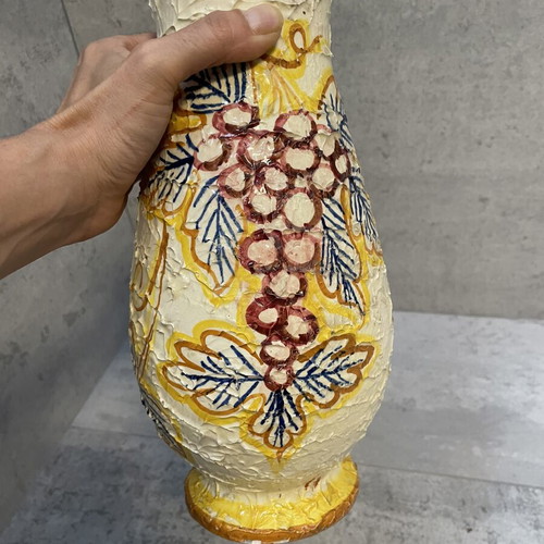Ceramic vase with painted grapes used, vintage style