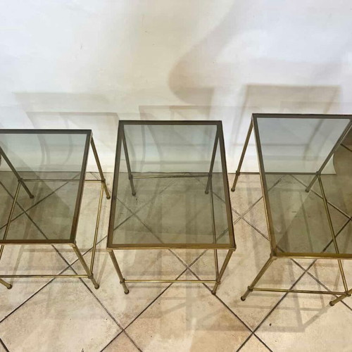 Vintage set of 3 brass nesting tables with glass surfaces used