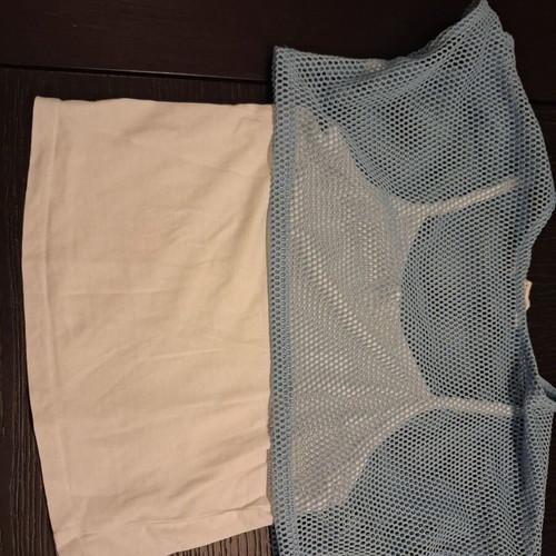 Girls' short-sleeve double top like new, sizes 128-134 cm, white and blue