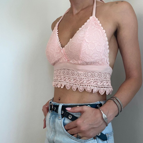 Boho Pink Lace Crop Top Halter Neck Backless Like New