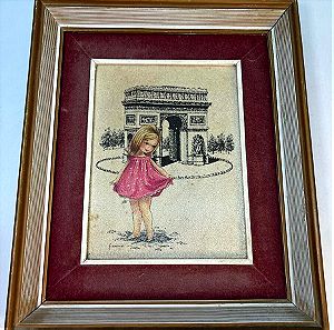 Vintage ξύλινος πίνακας κοριτσιού στο Παρίσι 28x24 cm