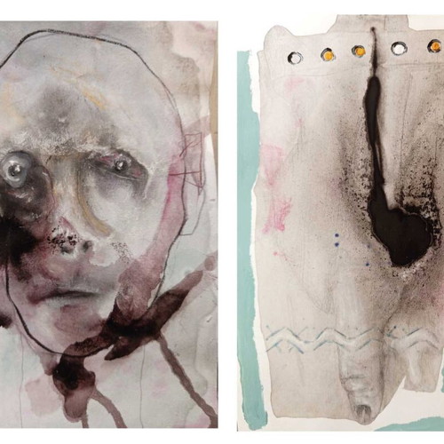 Lot of 2 new acrylic and pencil paintings on paper A4 size