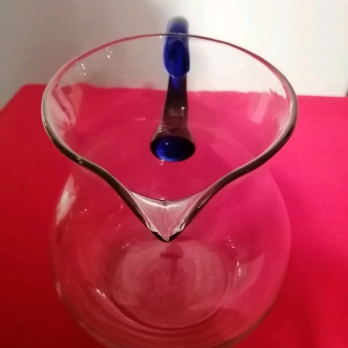 Vintage crystal pitcher with handmade cobalt blue handle, like new