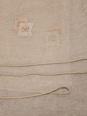 Organza curtain set like new, 2 large panels with geometric pattern