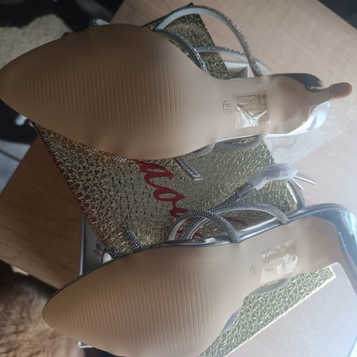 Silver high-heeled sandals, narrow fit, size 38