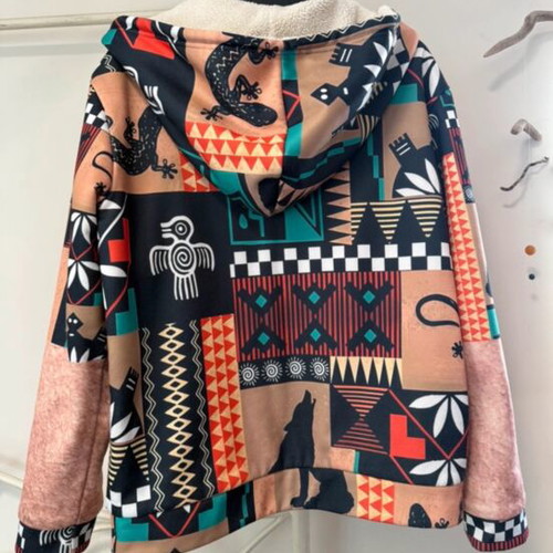 Boho fleece jacket used with sherpa lining and ethnic pattern