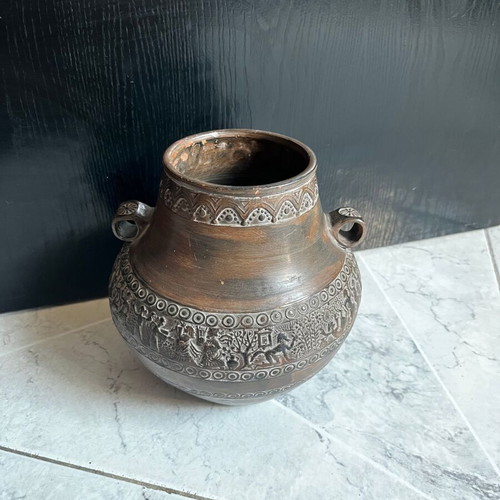 Decorative clay vase with embossed design, 20 cm, Greek made
