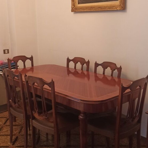 Wooden dining set with 6 chairs, marquetry design