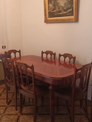 Wooden dining set with 6 chairs, marquetry design