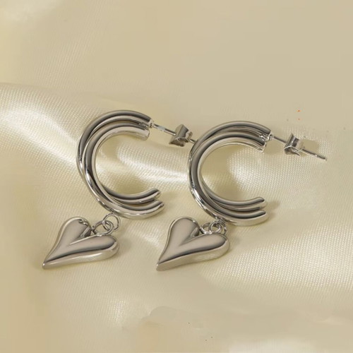 Earrings double hoops with hanging heart stainless steel new, silver
